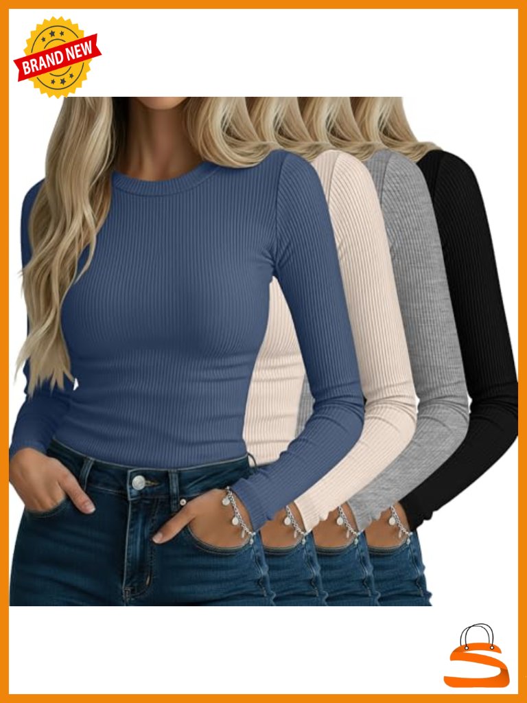 4 Pack Ribbed Long Sleeve Shirts, Cotton Crew Neck Slim Fit Tops